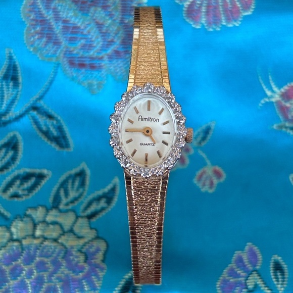 Vintage Armitron Gold Tone Oval Diamond Bezel Quartz Watch Dainty Cocktail 80s main image 14